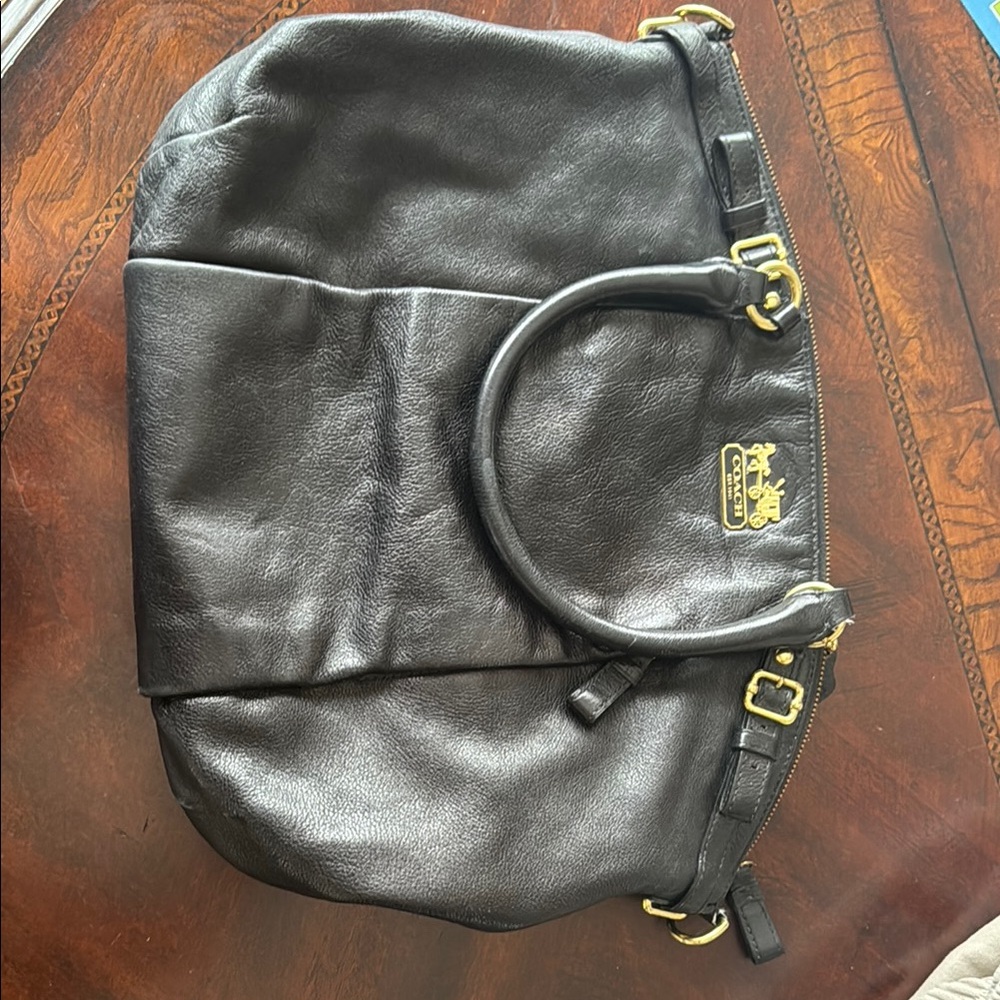 Black Leather Tote with Gold Accents